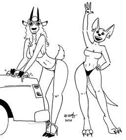 anthro bikini car clothing dipstick_ears duo ear_markings ear_piercing ear_ring eyewear female footwear fur gesture hair high_heels horn markings multicolored_ears piercing pouch_(anatomy) ring_piercing shoes short_tail sunglasses swimwear tail two-piece_swimsuit vehicle waving waving_at_viewer tegerio cassandra_(tegerio) kangy_(tegerio) antelope bovid kangaroo macropod mammal marsupial 2024 black_and_white hi_res monochrome