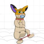 ambiguous_gender anthro bdsm bondage bound collar diaper gag heterochromia muzzle_(object) muzzled onsie pacifier pacifier_gag padded_room restraints solo spreader_bar straitjacket moistmolasses nintendo pokemon eevee generation_1_pokemon pokemon_(species) hi_res