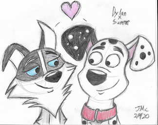 black_ears black_nose black_spots blue_sclera collar duo facial_tuft female feral fur half-closed_eyes heterochromatic_ears male narrowed_eyes pink_inner_ear red_collar spots toony tuft white_body white_fur white_spots jamesthedalmatian 101_dalmatian_street 101_dalmatians disney dylan_(101_dalmatians) summer_(101_dalmatians) border_collie canid canine canis collie dalmatian domestic_dog herding_dog mammal pastoral_dog sheepdog hi_res traditional_media_(artwork)