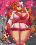 accessory angry anthro big_breasts bow_ribbon breasts butt butt_from_the_front cherry_blossom cherry_petals cherry_tree cleavage clothed clothing curvy_figure female flower frown fruit_tree fur hair hair_accessory hair_bow hair_ribbon hourglass_figure huge_breasts huge_hips imminent_violence long_hair mask mature_female orange_hair plant prunus_(flower) ribbons staff standing tan_body tan_fur thick_thighs tree voluptuous wide_hips lunis1992 undertale_(series) undertale_yellow ceroba_ketsukane canid canine fox mammal 4:5 hi_res