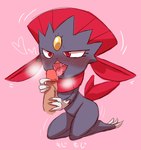 ambiguous_gender anthro blush bodily_fluids claws duo genitals kneeling kneeling_oral_position licking male open_mouth oral penile penis penis_lick saliva sex simple_background text tongue tongue_out negoya nintendo pokemon generation_4_pokemon pokemon_(species) weavile hi_res japanese_text