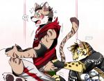 abs anthro assisted_exposure clothing collar countershading duo embarrassed fur hoodie male simple_background spots stripes surprise tattoo topwear bearlovestiger13 nekojishi studio_klondike likulau shu-chi clouded_leopard felid feline leopard_cat mammal pantherine prionailurus 2017