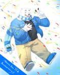 anthro black_nose blue_eyes blush bottomwear clothing fur humanoid_hands kemono male one_eye_closed overweight overweight_male pants scarf shirt solo sweater topwear white_body white_fur wink ga_sai7 utau shirane_kan bear mammal polar_bear ursine 2021 hi_res