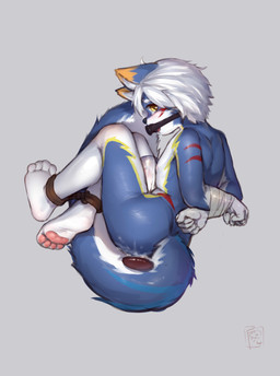 4_toes anal anal_penetration ankles_tied anthro bdsm blue_body blue_fur bodily_fluids bondage bound buttplug buttplug_in_ass buttplug_insertion crying feet fur gag gagged genitals hair hands_behind_back hands_tied heterochromia legs_tied looking_at_viewer male male_penetrated masturbation multicolored_body multicolored_fur nipples nude object_in_ass pawpads penetrable_sex_toy penetration penile penile_masturbation penis plug_(sex_toy) plug_insertion red_eyes restraints rope rope_bondage saliva sex_toy sex_toy_in_ass sex_toy_insertion shota simple_background solo sticker submissive submissive_male tape tears toes two_tone_body two_tone_fur white_body white_fur yellow_eyes young young_anthro young_male teien canid canine fox mammal absurd_res digital_media_(artwork) hi_res signature