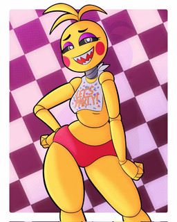 beakless female looking_at_viewer machine sharp_teeth simple_background solo teeth davidga12rg five_nights_at_freddy's five_nights_at_freddy's_2 scottgames toy_chica_(fnaf) animatronic avian bird chicken galliform phasianid robot hi_res