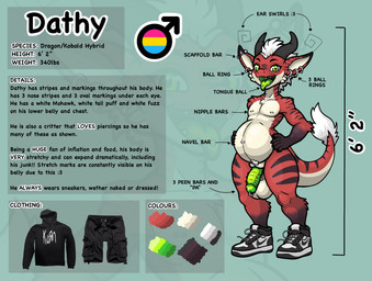 anthro balls barbell_piercing belly big_belly black_bottomwear black_clothing black_footwear black_hoodie black_shoes black_shorts black_sneakers black_stripes black_topwear body_hair bottomwear cartoon_freckles chest_tuft clothing dipstick_ears ear_markings ear_piercing ear_ring facial_tuft footwear footwear_only freckled_face freckles frenum_ladder frenum_piercing fur genital_piercing genitals green_eyes green_mouth green_penis green_tongue hair hand_on_belly hand_on_own_belly happy_trail hoodie horn humanoid_genitalia humanoid_hands humanoid_penis industrial_piercing ladder_piercing lgbt_pride looking_at_viewer male markings mohawk mostly_nude multicolored_ears navel navel_barbell navel_piercing nipple_barbell nipple_piercing nipples open_mouth outie_navel pansexual_pride_colors penis penis_piercing piercing pride_colors prince_albert_piercing pubes red_body red_fur ring_piercing shoes shoes_only shorts solo standing stretch_marks striped_body striped_fur stripes stud_ear_ring tail tail_tuft tan_body tan_fur text tongue tongue_out tongue_piercing tongue_stud topwear tuft uvula ventral_groove white_body white_fur white_hair white_tail_tuft dathgar korn mythology nike dathy_(dathgar) dragon hybrid kobold mythological_creature mythological_scalie scalie 2026 digital_drawing_(artwork) digital_media_(artwork) english_text hi_res model_sheet
