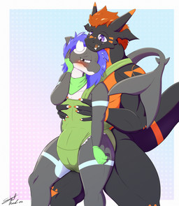 anthro baby_carrier blush clean_diaper clothed clothing diaper diaper_under_clothing duo embarrassed holding_partner kerchief male neckerchief neckwear smile smiling_at_another smiling_at_partner standing wearing_diaper caldromeda steelshark bandai_namco digimon data_(datahazard64) aquatic cetacean digimon_(species) dolphin growlmon mammal oceanic_dolphin orca toothed_whale absurd_res hi_res