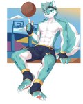 4_toes abs accessory anthro athletic athletic_anthro athletic_male ball basket basketball_(ball) blue_body blue_fur bottomwear claws clothed clothing container feet fingerless_gloves footwear fur gloves green_eyes handwear headband headgear headwear heelless_footwear hindpaw male muscular muscular_anthro muscular_male pawpads paws shorts soles solo stirrup_footwear toeless_footwear toes topless white_body white_fur joeyzliaotang canid canine mammal absurd_res hi_res