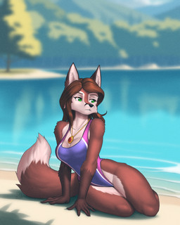 anthro beach big_breasts biped black_nose breasts brown_body brown_fur cleavage clothed clothed_anthro clothed_female clothing countershade_face countershade_legs countershade_torso countershading dipstick_tail female fingers front_view fur gloves_(marking) green_eyes hair highleg highleg_swimwear jewelry legs_together markings medium_breasts necklace one-piece_swimsuit outside sitting slim solo sport_swimsuit swimwear tail tail_markings water white_tail_tip mykegreywolf diana_artemis canid canine fox mammal red_fox true_fox 2026 4:5 absurd_res digital_drawing_(artwork) digital_media_(artwork) hi_res