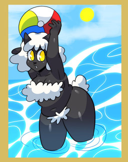 anthro areola ball beach_ball belly big_breasts bikini black_body black_skin border breasts cleavage clothed clothing cloud curvy_figure female fingers fluffy fluffy_tail fur hair hands_above_head holding_ball holding_object horn inflatable navel open_mouth outside pool_toy pubes seaside sheep_ears shortstack simple_background sky slightly_chubby slightly_chubby_female solo standing summer sun swimwear tail tail_tuft thick_thighs tuft two-piece_swimsuit voluptuous water wave wet white_bikini white_body white_clothing white_fur white_hair white_swimwear white_wool wide_hips wool_(fur) wool_clothing wool_hair yellow_border yellow_eyes jammedvhs mable_(nyta) bovid caprine mammal sheep cel_shading digital_media_(artwork) shaded