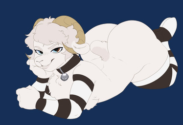 anthro armwear bell bell_collar butt clothing collar elbow_gloves footwear fur gloves hair handwear horn legwear looking_at_viewer male nude smile socks solo tail thick_thighs thigh_highs ghxztfaze bovid caprine mammal sheep alpha_channel digital_media_(artwork) hi_res