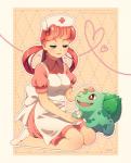 abstract_background ambiguous_gender apron bandage clothed clothing duo female footwear fully_clothed green_eyes hair hat headgear headwear kneeling nurse_clothing nurse_hat nurse_headwear one_eye_closed petting pink_hair red_eyes red_hair shoes smile text dav-19 nintendo pokemon nurse_joy bulbasaur generation_1_pokemon human mammal pokemon_(species) url