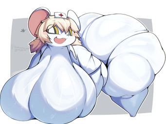anthro bent_over big_breasts big_butt biped blonde_hair bodily_fluids bottomwear breasts butt clothed clothing eye_through_hair eyebrows featureless_breasts feet female front_view glistening glistening_breasts glistening_butt hair hat headgear headwear huge_breasts huge_butt huge_hips huge_thighs hyper hyper_breasts hyper_butt hyper_hips looking_at_viewer monotone_body nurse_clothing nurse_hat nurse_headwear nurse_uniform open_mouth open_smile short_stack simple_background smile solo standing sweat text thick_thighs three-quarter_view topwear translucent translucent_hair uniform white_body white_clothing white_eyes wide_hips yellow_sclera lightmizano terrible_mouse lorna_(terrible_mouse) mammal mouse murid murine rodent 2025 4:3 digital_drawing_(artwork) digital_media_(artwork) english_text hi_res signature