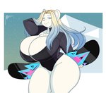 anthro big_breasts blonde_hair blue_hair bouncing_breasts breasts chest_tuft cleavage clothed clothing female fur hair huge_breasts iceberg leotard long_hair looking_at_viewer multicolored_hair sky snowboard solo star tuft white_body white_fur zipper jwinkz alto_major_(ursamajor73) bear mammal polar_bear ursine 2022 absurd_res hi_res watermark