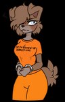 annoyed anthro arrested bangs big_breasts blue_eyes blush breasts brown_body brown_fur brown_hair brown_tail clothed clothing cuff_(restraint) female fluffy fluffy_tail fully_clothed fur furgonomics hair handcuffed handcuffs long_bangs looking_aside metal_cuffs one_eye_obstructed orange_clothing orange_jumpsuit prison_uniform prisoner restraints simple_background solo tail tail_clothing text transparent_background katanagirl chloe_(potato565) canid canine canis domestic_dog mammal pomeranian spitz absurd_res alpha_channel english_text hi_res portrait three-quarter_portrait