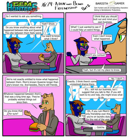 anthro bottomwear burger clothing denim denim_bottomwear denim_clothing dialogue female food jacket jeans male pants simple_background speech_bubble text topwear window wrapper baristagamerproductions alfonso_(gem_hunters) phoebe_(gem_hunters) canid canine canis dingo felid feline mammal absurd_res comic english_text hi_res