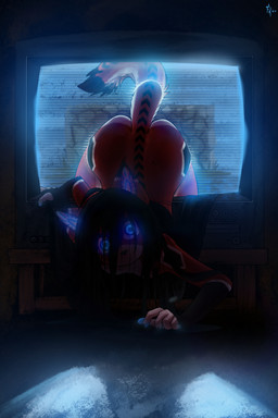 5_fingers anthro arm_markings ass_up back_markings bangs biped black_body black_claws black_ear_tips black_fur black_hair black_hands black_markings black_nose black_tail_tip blue_eyes blue_markings blue_pawpads breasts butt chevron_(marking) claws coming_out_of_tv countershade_face countershade_fur countershade_tail countershade_torso countershading creepy creepy_face dipstick_ears dipstick_tail ear_markings electronics female female_anthro finger_claws fingerless_(marking) fingerless_gloves_(marking) fingerpads fingers front_view fur gloves_(marking) glowing glowing_eyes glowing_markings glowing_pawpads hair hair_between_eyes handpaw hip_markings horror_(theme) humanoid_hands inner_ear_markings inside iris leg_markings looking_at_viewer markings messy_hair monotone_hair mouthless multicolored_body multicolored_ears multicolored_fur multicolored_tail nude nude_anthro nude_female pawpads paws pupils raised_tail red_body red_ears red_fur red_tail screen small_breasts solo tail tail_markings television white_body white_breasts white_countershading white_fingers white_fur white_inner_ear white_markings white_sclera white_tail wide_eyed conditional_dnp fluff-kevlar the_ring ara_(fluff-kevlar) domestic_cat felid feline felis mammal 2025 2:3 digital_drawing_(artwork) digital_media_(artwork) hi_res portrait