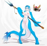 accessory anthro big_breasts blue_body blue_eyes blue_skin breasts candy dessert drone female food genitals gum hair holding_object holding_weapon looking_at_viewer melee_weapon nipples nude open_mouth polearm pussy simple_background smile solo spear tail weapon white_body ranadi alien fish mammal marine shark absurd_res hi_res