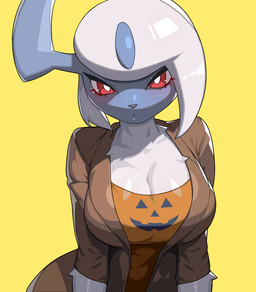 anthro big_breasts blush breasts brown_clothing brown_topwear cleavage clothed clothing eyelashes female fur iris looking_at_viewer orange_clothing orange_topwear pupils red_eyes simple_background solo topwear white_body white_fur white_pupils yellow_background drunk_oak nintendo pokemon absol generation_3_pokemon pokemon_(species) 2022 hi_res