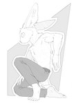 5_fingers 5_toes anthro athletic athletic_anthro athletic_male barefoot belt biped bottomwear clothed clothed_anthro clothed_male clothing cotton_tail feet fingers fur geometric_background hand_on_leg hand_on_own_leg humanoid_feet humanoid_hands kneeling kneeling_on_ground male male_anthro on_one_knee pants plantigrade simple_background solo toes topless topless_anthro topless_male resrabbutt lagomorph leporid mammal rabbit absurd_res black_and_white digital_media_(artwork) full-length_portrait hi_res monochrome portrait shaded simple_shading sketch