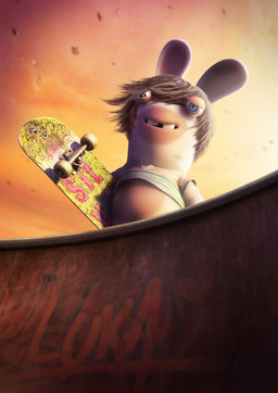 anthro bangs blue_eyes bottomless bottomless_anthro bottomless_male brown_hair buckteeth chipped_tooth clothed clothed_anthro clothed_male clothing cloud cloudy_sky evening fur grey_clothing grey_shirt grey_topwear hair half-closed_eyes holding_skateboard light long_ears low-angle_view male multicolored_body narrowed_eyes noseless open_mouth open_smile outside shirt short_hair skate_park skateboard sky smile solo tan_body tan_eyelids tan_inner_ear tan_skin teeth topwear two_tone_body vehicle white_body white_fur guillaume_arvieu raving_rabbids rayman_(series) ubisoft lagomorph mammal rabbid 2011 3d_(artwork) absurd_res colored digital_media_(artwork) english_description half-length_portrait hi_res lighting official_art portrait shaded