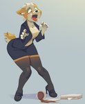 anthro beverage clothed clothing coffee container cup dress female footwear fur high_heels horrified legwear open_mouth paper shocked shoes solo spilled_drink suit tail thigh_highs theeyomi maddy_(ermwhat) canid canine canis domestic_dog herding_dog mammal pastoral_dog welsh_corgi 2024 colored