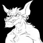 anthro chest_tuft ear_piercing facial_hair fangs fur hair horn male pecs piercing sharp_teeth simple_background solo teeth tuft madlag canid canid_demon demon mammal 1:1 2018 alpha_channel digital_media_(artwork) hi_res monochrome