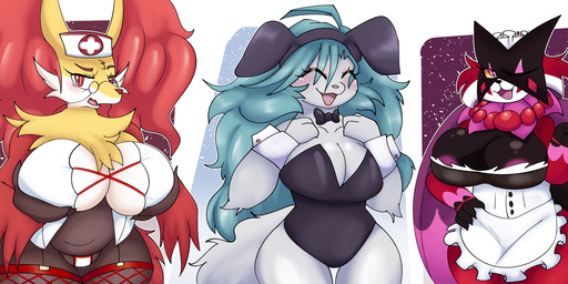 anthro big_breasts bow_tie breasts bunny_costume clothing costume eyewear female female_anthro glasses group headgear headwear huge_breasts legwear maid_uniform nurse_clothing nurse_headwear nurse_uniform stockings trio uniform flofluffy nintendo pokemon delphox generation_6_pokemon generation_9_pokemon mammal meowscarada mustelid musteline pokemon_(species) true_musteline weasel absurd_res hi_res
