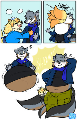 abdominal_bulge ambiguous_gender anthro clothing crown digestion duo fluffy fluffy_chest headgear jacket laugh multi_tail neck_bulge oral_vore scarf sentient_fat shirt soft_vore sound_effects speech_bubble tail topwear vore weight_gain willing_prey eclairscollection nintendo pokemon emberflame_(tavin_forchune) canid canine fox generation_1_pokemon mammal ninetales pokemon_(species) comic hi_res