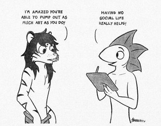 4_fingers anthro bottomwear clothed clothing dialogue duo electronics fin fingers fur fur_markings hair head_fin looking_at_another male markings neck_fin no_irises open_mouth simple_background snout speech_marker stripes tablet_computer text topless white_background samareck samareck_(character) aquatic bengal_tiger felid mammal pantherine sea_monster tiger 2025 black_and_white dated digital_drawing_(artwork) digital_media_(artwork) english_text monochrome signature
