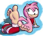 5_toes anthro barefoot clothed clothing countershade_feet countershading feet female foot_fetish foot_focus footwear gloves green_eyes hair handwear humanoid_feet pale_soles pink_body plantigrade shoes shoes_removed simple_background smile soles solo toes baggy_(artist) sega sonic_the_hedgehog_(series) amy_rose eulipotyphlan hedgehog mammal absurd_res digital_media_(artwork) hi_res