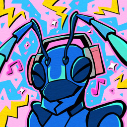 abstract_background antennae_(anatomy) anthro blue_body electronics eyes_closed facial_markings happy head_markings headphones male mandibles markings multicolored_antennae musical_note musical_symbol solo symbol eekanant eek_(eekanant) ant arthropod hymenopteran insect 1:1 2024 album_cover bust_portrait cover english_description icon portrait