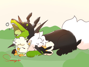 big_tail black_body black_ears black_fur black_nose burping duo eyes_closed facial_markings fur gloves_(marking) grass green_body green_fur green_tongue hair head_markings kerchief markings multicolored_body multicolored_fur muzzle_(marking) neck_tuft on_grass on_ground orange_body orange_fur orange_inner_ear orange_tail outside plant side_view size_difference tail teeth tongue tuft two_tone_body two_tone_fur white_body white_ears white_fur white_hair white_tail yellow_tongue conditional_dnp xammyxx nintendo pokemon lemon_meringue riis_(aquastorm2) alolan_form alolan_vulpix generation_7_pokemon legendary_pokemon pokemon_(species) regional_form_(pokemon) zygarde zygarde_10_forme 2026 4:3 digital_media_(artwork) hi_res ibispaint_(artwork) shaded signature watermark