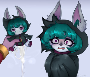 ambiguous_gender anthro biped black_nose blush bodily_fluids clothed clothing cum doll duo eyebrows eyelashes female fingers genital_fluids hair hoodie leaking_cum open_mouth pupils purple_body purple_eyes simple_background standing topwear tonzy league_of_legends riot_games tencent vex_(lol) yordle hi_res