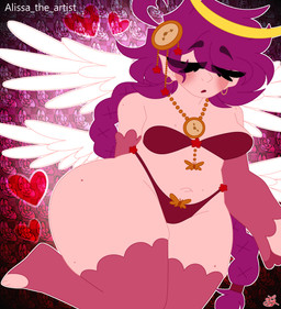 accessory armwear blind blush bra braided_hair breasts butterfly_(accessory) clock clothing disability ear_piercing ear_ring eyes_closed feathered_wings feathers female flower gem gloves hair hair_accessory halo handwear heart_symbol humanoid_pointy_ears jewelry legwear long_hair markings mole_(marking) necklace panties pearl_(gem) piercing plant pointy_ears pose purple_hair ring_piercing simple_background small_breasts solo text thick_thighs thigh_highs tied_hair underwear wide_hips wings alissa_the_artist fan_character patience_(alissa_the_artist) angel humanoid absurd_res artist_name hi_res pinup signature