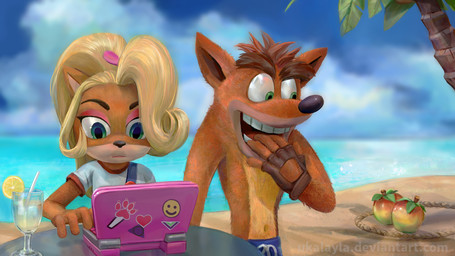 anthro beach beverage blonde_hair blue_eyes clothing cloud computer container cup day drinking_glass duo electronics eyeshadow female fingerless_gloves food fruit fur furniture glass glass_container glass_cup gloves green_eyes hair handwear laptop long_hair makeup male navel open_mouth palm_tree plant rope sand seaside table teeth text tree water wine_glass ukalayla activision crash_bandicoot_(series) coco_bandicoot crash_bandicoot bandicoot mammal marsupial 16:9 2018 hi_res url widescreen brother_(lore) brother_and_sister_(lore) sibling_(lore) sister_(lore)