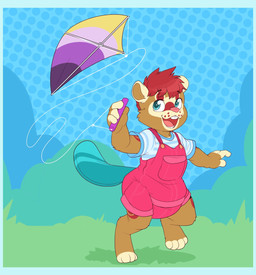 ambiguous_gender anthro beaver_tail big_diaper blue_border blue_clothing blue_shirt blue_tail blue_tail_tip blue_topwear border brown_body brown_fur brown_inner_ear buckteeth button_(fastener) clean_diaper clothed clothing diaper diaper_under_clothing dipstick_tail dotted_background feet fingerless_(marking) fur grass hair kite lgbt_pride markings multicolored_body multicolored_fur nonbinary_pride_colors on_one_leg open_mouth open_smile overalls pattern_background pattern_clothing pattern_shirt pattern_topwear pink_nose plant pride_colors red_body red_clothing red_fur red_hair red_overalls red_spots shirt shrub simple_background smile solo spots spotted_body spotted_face spotted_fur standing striped_clothing striped_shirt striped_topwear stripes tail tail_markings tan_body tan_ears tan_fur teeth toeless_(marking) topwear wearing_diaper whisker_spots bubblepuppers kvikk_(littlekvikk) beaver mammal rodent hi_res nonbinary_(lore)