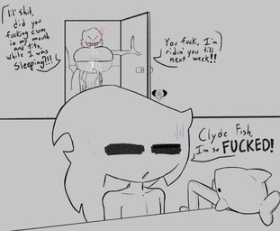 angry anthro big_breasts blush bodily_fluids bottomwear breasts clothed clothing crop_top cross-popping_vein cum cum_in_mouth cum_inside cum_on_breasts dialogue door duo female genital_fluids hidden_eyes huge_breasts larger_female looking_at_another male male/female nervous nervous_sweat open_mouth profanity scared shirt size_difference skinny slim small_waist sweat tail teeth text topless topless_male topwear duskizi clyde_fish luca_dagonuevos_(duskizi) lynn_dagonuevos_(duskizi) aquatic fish shark absurd_res digital_drawing_(artwork) digital_media_(artwork) english_text hi_res monochrome
