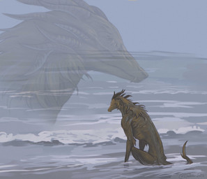 ambiguous_gender biped brown_body brown_fur eyeless feral fur horn partially_submerged seaside sitting solo creepy_gun elden_ring elden_ring_nightreign fromsoftware executor_(nightreign) monster primordial_beast 2025 digital_media_(artwork) hi_res meme