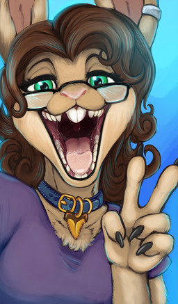 anthro blue_collar bodily_fluids brown_hair buckteeth clothed clothing collar ear_piercing ear_ring eyewear female front_view fur gesture glasses glistening glistening_eyes green_eyes hair hand_gesture looking_at_viewer mouth_shot open_mouth piercing pink_nose pink_tongue purple_clothing purple_shirt purple_t-shirt purple_topwear rectangular_glasses ring_piercing saliva saliva_string shirt simple_background solo t-shirt tan_body tan_fur teeth tongue topwear uvula v_sign wearing_glasses acidic lagomorph leporid mammal rabbit bust_portrait hi_res portrait