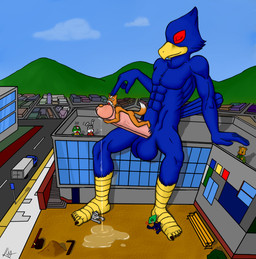 anthro anthro_on_anthro balls beak blue_body blue_feathers bodily_fluids clothing dipstick_tail erection excessive_genital_fluids excessive_precum extreme_size_difference eyes_closed feathers feet fur genital_fluids genitals grey_body grey_fur group humanoid_feet humanoid_genitalia humanoid_penis interspecies macro male male/male markings melanistic muscular penis plantigrade precum sex size_difference straddling_penis tail tail_markings kp-yoshi nintendo star_fox bill_grey falco_lombardi fox_mccloud leon_powalski panther_caroso peppy_hare slippy_toad wolf_o'donnell amphibian avian bird canid canine canis chameleon fox frog hare lagomorph leporid lizard mammal reptile scalie toad_(frog) wolf