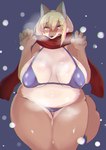 anthro big_breasts bikini blonde_hair blush blush_lines breasts brown_body brown_eyes brown_fur chromatic_aberration claw_pose clothing eyebrow_through_hair eyebrows female female_anthro fur hair kemono looking_at_viewer multicolored_body multicolored_fur open_mouth overweight overweight_anthro overweight_female raised_hand red_scarf scarf simple_background snow solo swimwear translucent translucent_hair two-piece_swimsuit two_tone_body two_tone_fur shinobe canid canine canis mammal wolf digital_media_(artwork) hi_res portrait three-quarter_portrait