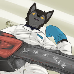anthro big_ears black_body black_fur blood blue_clothing blue_gloves blue_handwear blue_topwear bodily_fluids chainsaw cheek_tuft clothing coat doctor facial_tuft fangs fur gloves grey_background grey_body grey_fur handwear head_tuft id_card imminent_death imminent_violence inner_ear_fluff insane lab_coat looking_at_viewer looking_down male markings medical_gloves multicolored_body multicolored_fur neck_tuft open_mouth power_tool simple_background solo teeth text tools topwear tuft two_tone_body two_tone_fur whisker_markings white_clothing white_topwear yellow_eyes slavv0 janusz canid canine canis hybrid mammal wolf wolfdog 1:1 2024 digital_drawing_(artwork) digital_media_(artwork) english_text hi_res signature