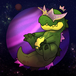 ambiguous_gender anthro chibi cosmic_background crown featureless_crotch floating_crown headgear nude planet scales smile snout solo space space_background star tail teeth visor yellow_body yellow_scales yellow_teeth jaspering alligator alligatorid crocodilian kaiju reptile scalie 1:1 2025 clip_studio_paint_(artwork) digital_drawing_(artwork) digital_media_(artwork) full-length_portrait hi_res portrait shaded