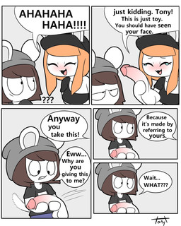 anthro beanie black_clothing black_hat black_headwear black_shirt black_topwear blue_bottomwear blue_clothing blue_shorts blush bodily_fluids bottomwear breasts brown_hair clothing confusion crying_laughing dialogue dildo duo eyelashes female grey_beanie grey_clothing grey_hat grey_headwear hair hat headgear headwear laugh male orange_hair ponytail sex_toy shirt shorts speech_bubble tail tears text topwear tonytoran tina_(tonytoran) tony_(tonytoran) chinchilla chinchillid lagomorph leporid mammal rabbit rodent 4:5 comic english_text hi_res