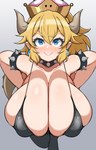 big_breasts black_clothing black_legwear blonde_hair breasts brown_horn bulging_breasts clothing collar crossgender crown cute_fangs ear_piercing ear_ring eyelashes fangs female glistening glistening_body gradient_background grey_background hair hanging_breasts headgear horn huge_breasts humanoid_pointy_ears legwear mtf_crossgender piercing pointy_ears ponytail ring_piercing simple_background skin_fang skindentation smile solo spiked_collar spikes super_crown teeth detritus bowsette_meme mario_bros nintendo bowser animal_humanoid humanoid koopa koopa_humanoid scalie scalie_humanoid hi_res meme