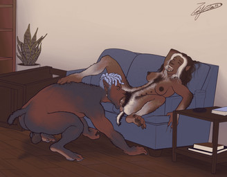 all_fours anthro balls bodily_fluids breast_growth breasts claws cunnilingus dark_body dark_skin detailed_background dreadlocks drooling duo ear_piercing erect_nipples fangs feet female foot_on_back fur fur_growth furniture genitals grabbing growth hairy_vulva living_room looking_pleasured male male/female mid_transformation multi_breast multi_breast_growth nipples on_sofa one_eye_closed open_mouth oral piercing pubes saliva scratches sex sitting sitting_on_sofa sofa tail teeth toe_claws transformation transformation_through_sex vaginal vulva zestycuke canid canine mammal hi_res signature