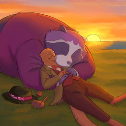 anthro bottomwear bow_tie clothing duo lying male male/male mature_male outside overweight overweight_male pants shirt size_difference sleeping sun sunset topwear victomc52 wilbur_&_harold mammal mustelid musteline procyonid raccoon true_musteline weasel 1:1 2026