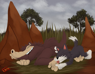 4_toes anthro black_body black_fur black_nose brown_body brown_fur butt closed_smile dipstick_tail duo eyes_closed feet foot_fetish foot_lick foot_play fur fur_markings fur_tuft genitals gloves_(marking) grass hair hair_over_eyes hand_on_another's_butt hand_on_butt laugh leg_markings licking male male/male markings mouth_closed multicolored_body multicolored_fur nude_anthro nude_male open_mouth open_smile penis pink_inner_ear plant sky sleeping smile socks_(marking) tail tail_markings tan_body tan_inner_ear teeth tickle_fetish tickling tickling_feet toes tongue tongue_out tree tuft white_body white_fur white_tail_tip glifer anteater canid canine canis domestic_dog mammal pilosan xenarthran hi_res