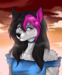 :3 anthro black_hair black_nose black_snout blue_clothing blue_dress blue_neckwear closed_smile clothed clothing cloud countershading dress female fur gradient_background grey_body grey_fur hair light_body long_hair looking_at_viewer magenta_hair mouth_closed pink_eyes red_sky simple_background sky smile snout solo sunset manika_nika jes_(kojotek) canid canine mammal bust_portrait digital_media_(artwork) hi_res portrait shaded